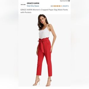 Grace Karin Cropped Paper Bag Pants with Pocket Sz L Red